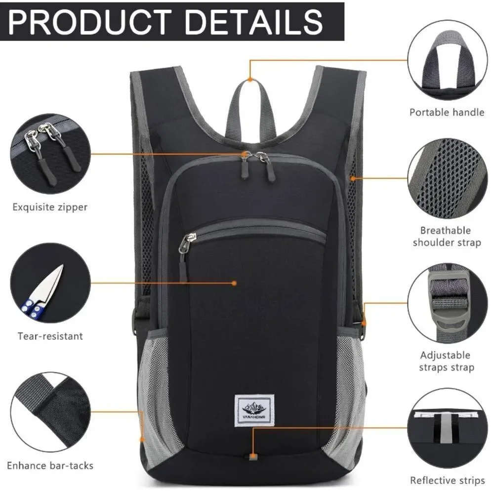 Unisex Black Lightweight Hiking Backpack Daypack 15L NEW